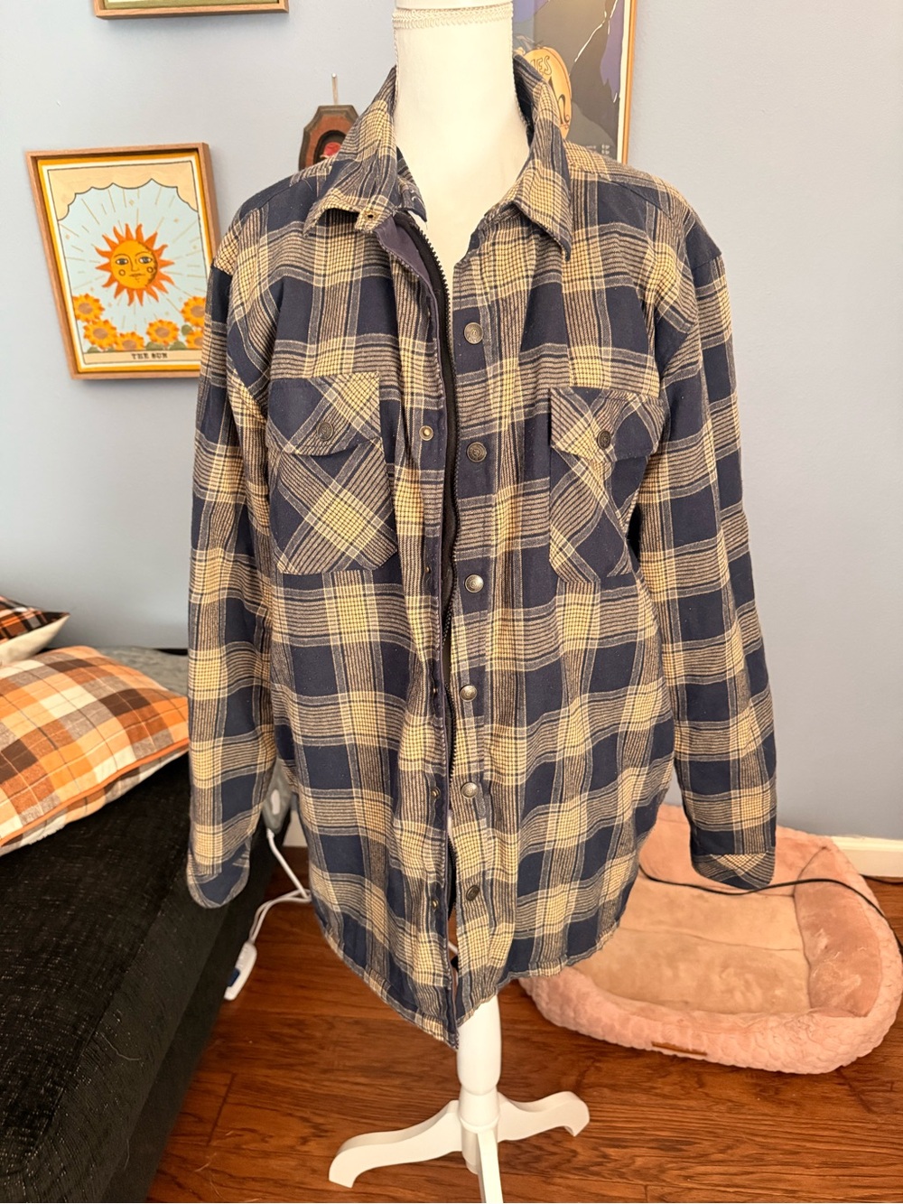 Women’s Navy and Beige Plaid Button-Up Jacket
